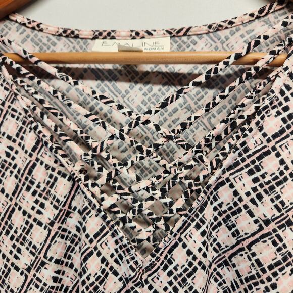 Emaline Women's Size 1X Criss-Cross V-Neck 3/4 Sleeves Pink Black Stretch - Picture 3 of 5